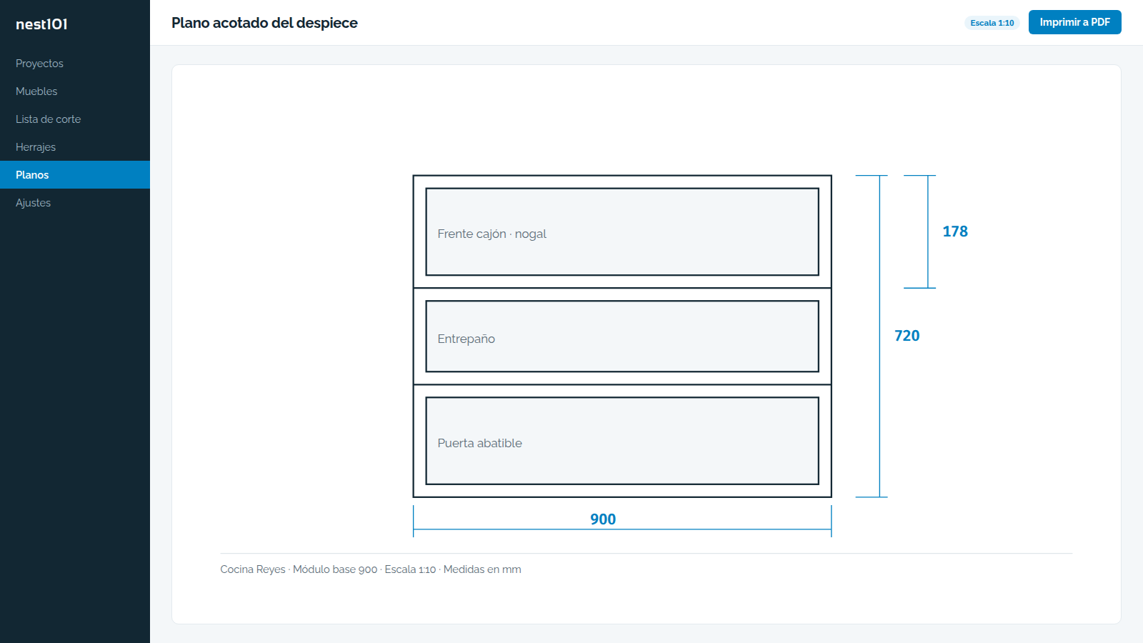 El plano acotado del despiece, listo para imprimir