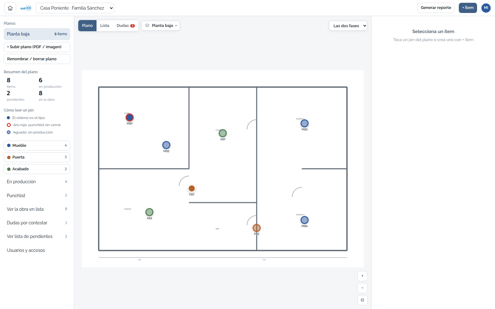 El plano de la obra: cada pin es un ítem y su color dice el tipo